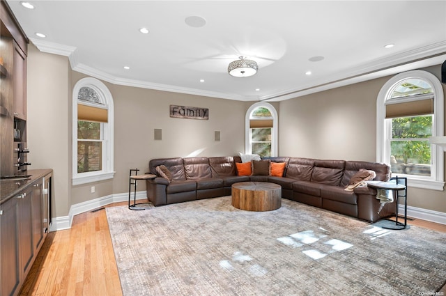 living room with light wood-type flooring and ornamental molding