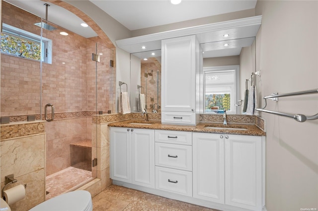 bathroom with vanity, a healthy amount of sunlight, an enclosed shower, and toilet