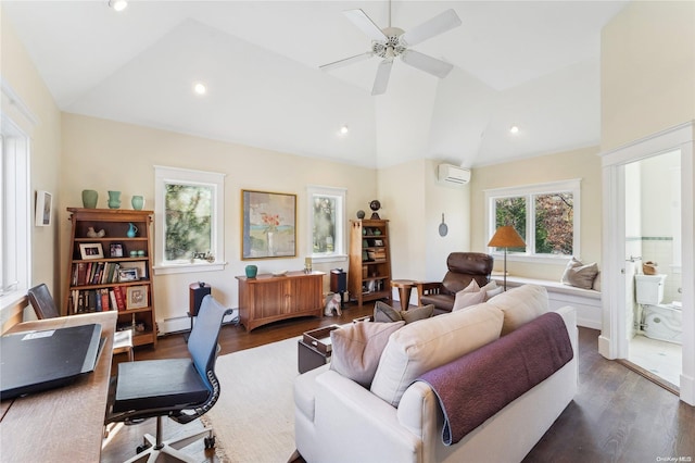 home office with ceiling fan, baseboard heating, high vaulted ceiling, dark hardwood / wood-style floors, and an AC wall unit