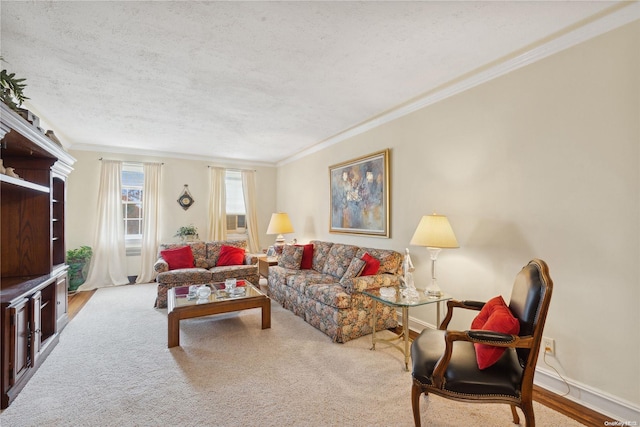 living room featuring crown molding, light colored carpet, and a textured ceiling