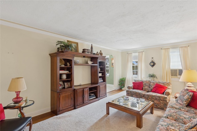 living room with a textured ceiling, hardwood / wood-style flooring, and ornamental molding