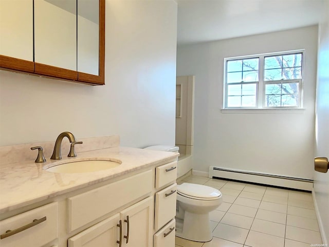 full bathroom with a baseboard radiator, tile patterned flooring, toilet, shower / washtub combination, and vanity