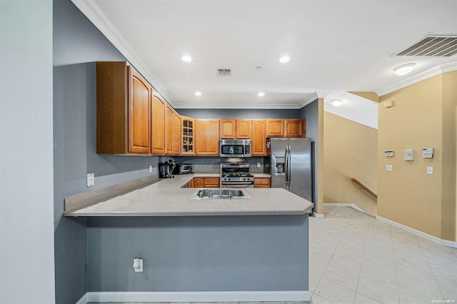 kitchen with kitchen peninsula, light tile patterned floors, stainless steel appliances, and ornamental molding