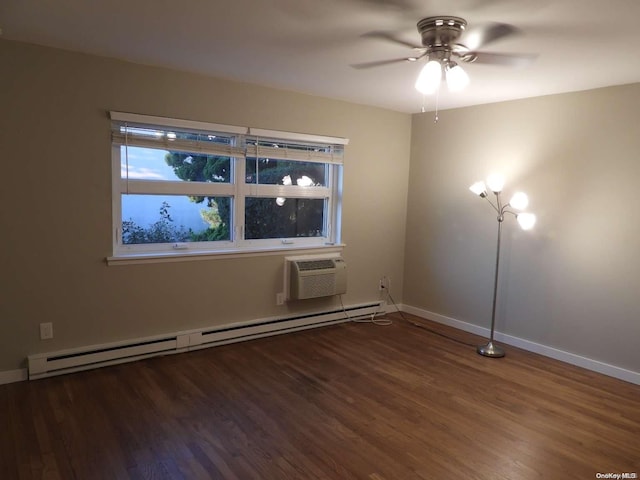 empty room featuring dark hardwood / wood-style floors, an AC wall unit, ceiling fan, and a baseboard heating unit