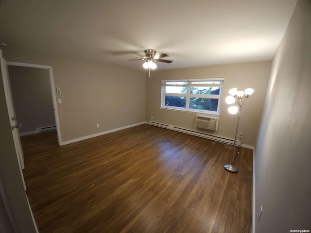 spare room featuring a wall unit AC, ceiling fan, dark wood-type flooring, and a baseboard radiator