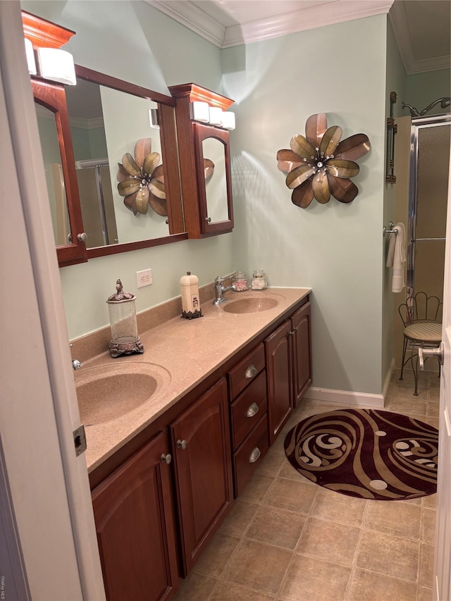 bathroom featuring walk in shower, vanity, ceiling fan, and crown molding