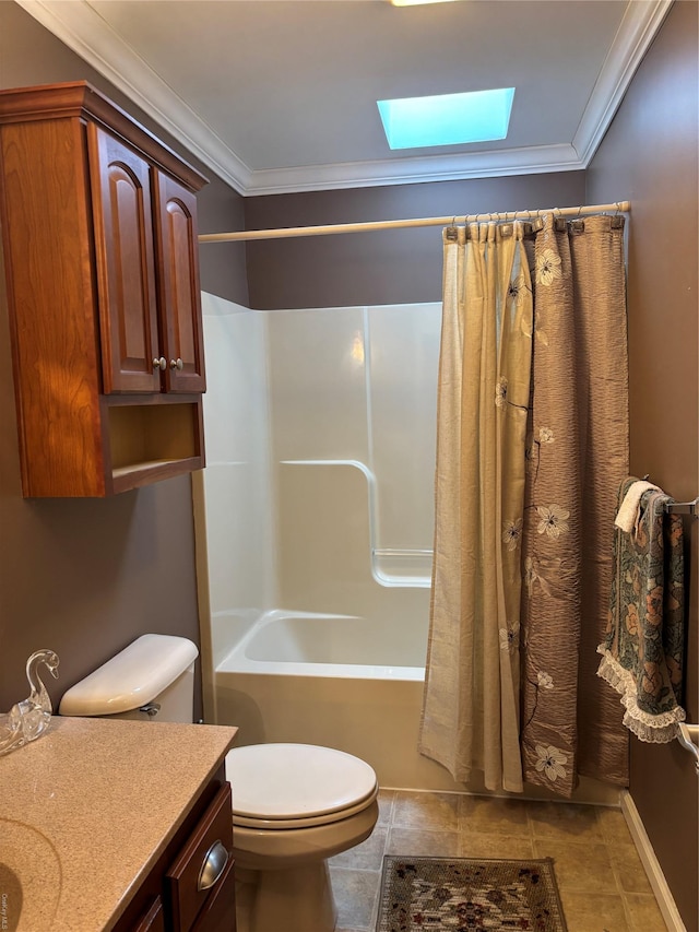 full bathroom with shower / bath combo, a skylight, ornamental molding, vanity, and toilet