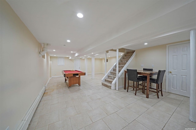 playroom with light tile patterned flooring, billiards, and a baseboard radiator