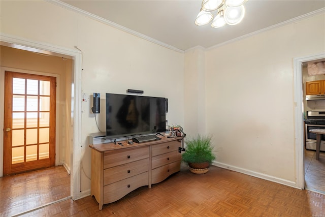 living room featuring light parquet floors and crown molding