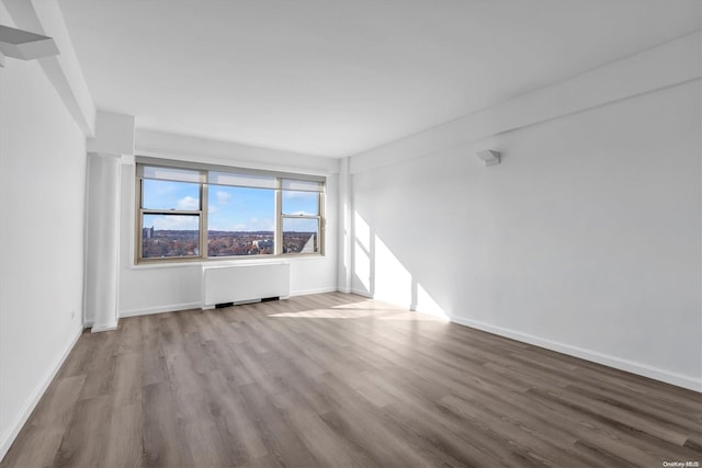 spare room featuring radiator heating unit and light hardwood / wood-style flooring