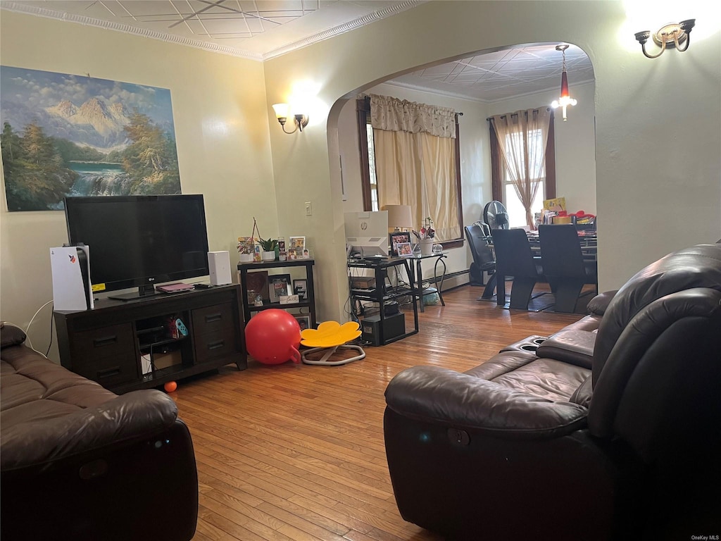 living room featuring hardwood / wood-style flooring and crown molding