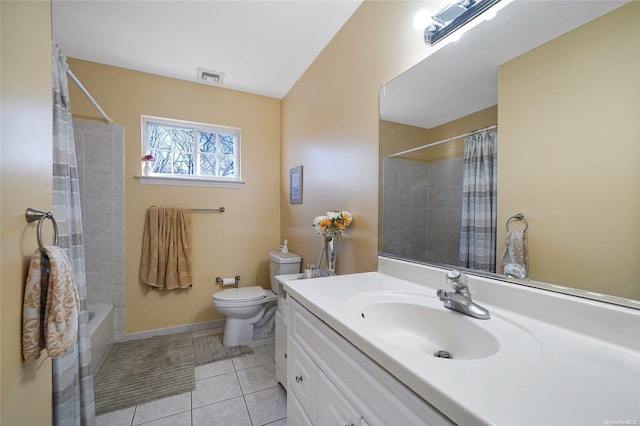 full bathroom with tile patterned floors, vanity, toilet, and shower / bathtub combination with curtain