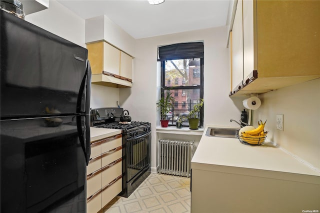 kitchen featuring radiator heating unit, black appliances, and sink