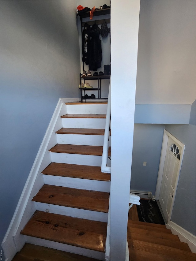 stairway with hardwood / wood-style flooring