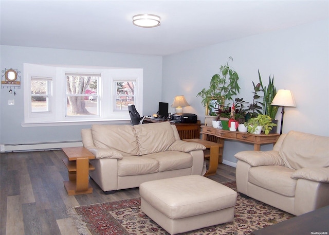 living room featuring dark hardwood / wood-style floors and a baseboard heating unit