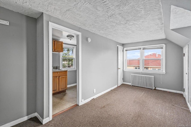 additional living space featuring a healthy amount of sunlight, radiator heating unit, carpet floors, and vaulted ceiling