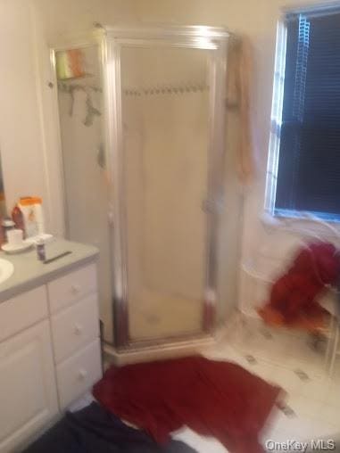 bathroom with vanity and walk in shower