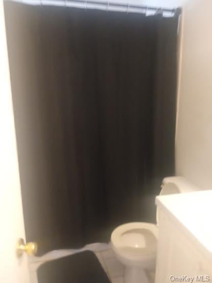 bathroom with curtained shower, vanity, and toilet