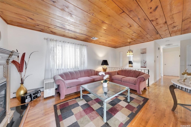 living room with a baseboard heating unit, light hardwood / wood-style floors, and wooden ceiling