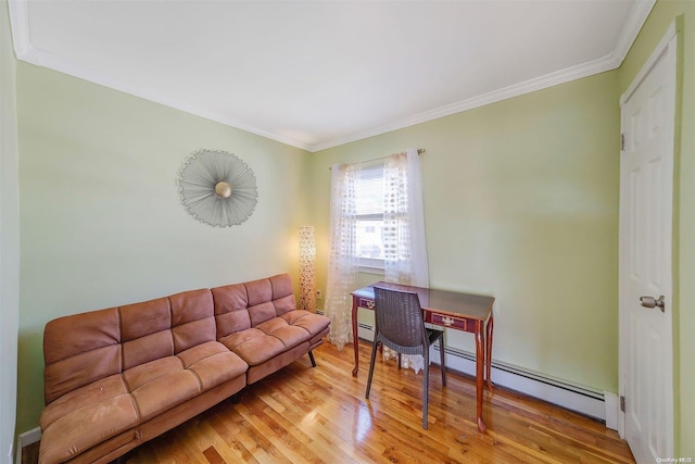 living room with light hardwood / wood-style floors and ornamental molding