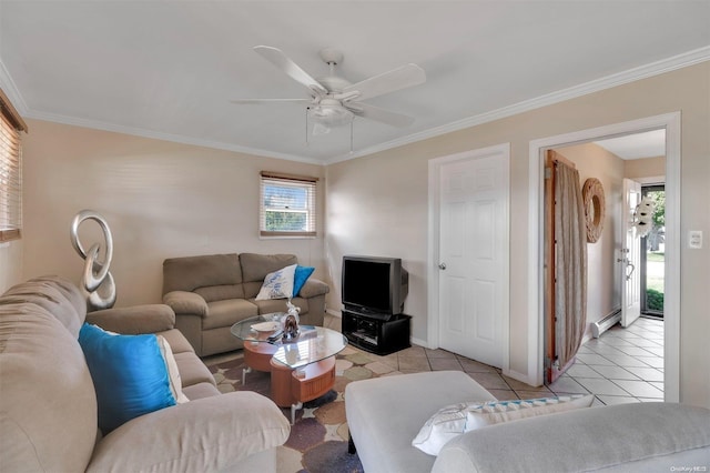 living room featuring ceiling fan, ornamental molding, baseboard heating, and light tile patterned floors