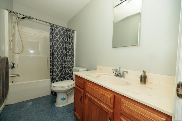 full bathroom with tile patterned floors, vanity, toilet, and shower / bath combo with shower curtain