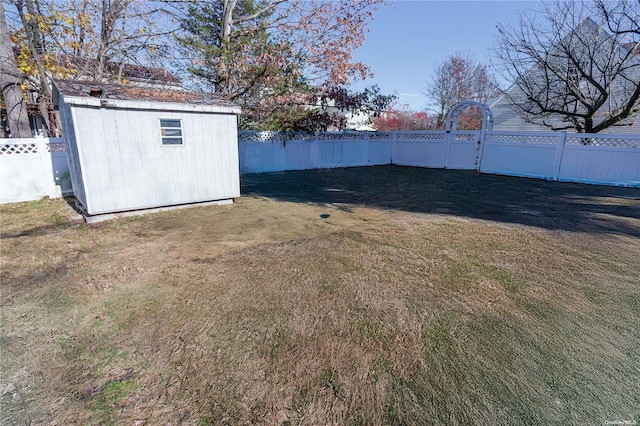 view of yard with a storage shed