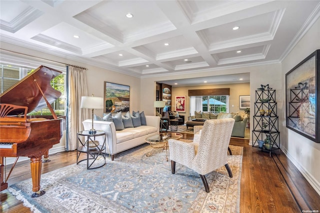 living room featuring beamed ceiling, wood-type flooring, and coffered ceiling