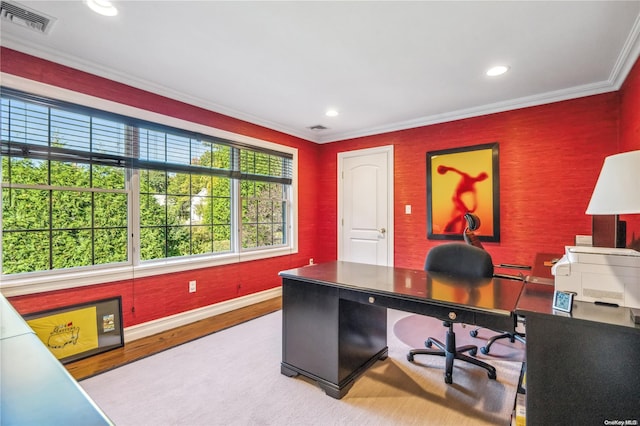 office featuring light hardwood / wood-style floors and ornamental molding