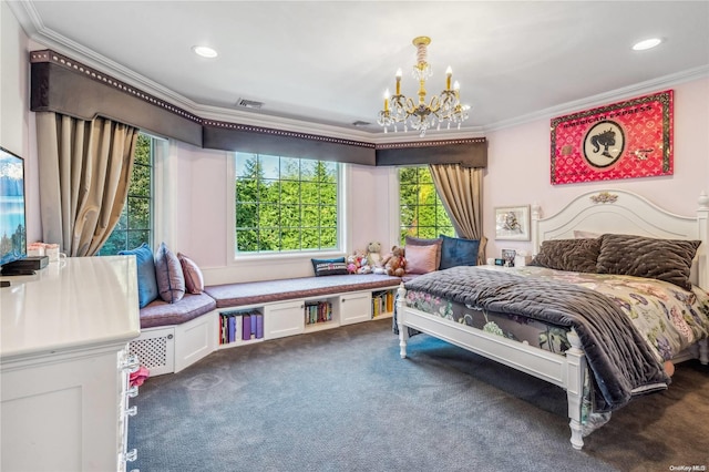 bedroom with dark carpet, ornamental molding, and a chandelier