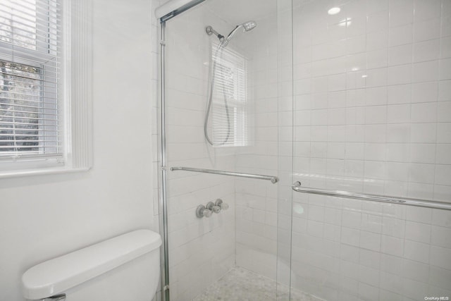 bathroom featuring toilet and a shower with door