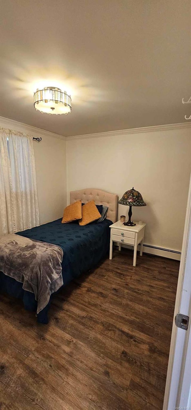 bedroom featuring dark hardwood / wood-style flooring, ornamental molding, and a baseboard heating unit