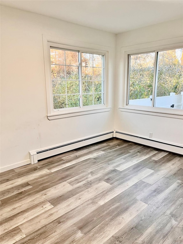 spare room featuring light hardwood / wood-style floors and a baseboard radiator