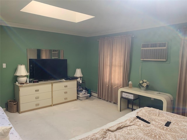 carpeted bedroom featuring crown molding, a skylight, and an AC wall unit