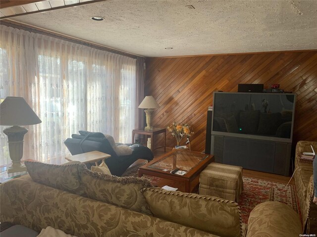 living room with a textured ceiling and wood walls