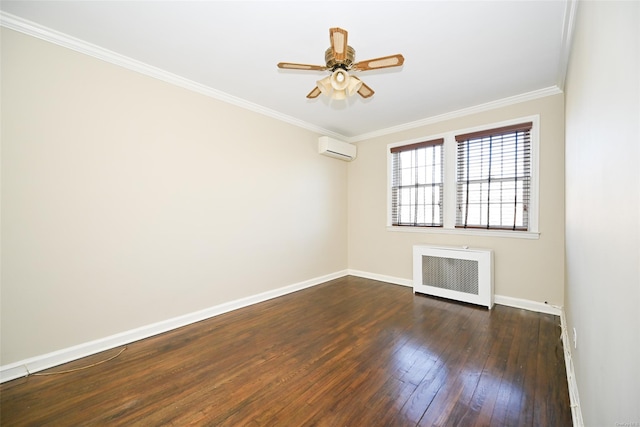 unfurnished room with an AC wall unit, crown molding, radiator, ceiling fan, and dark hardwood / wood-style flooring