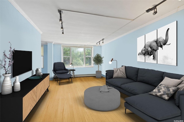 living room with wood-type flooring, track lighting, baseboard heating, and crown molding