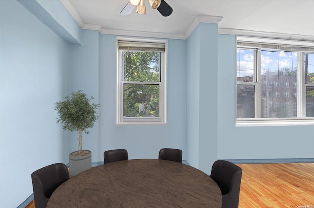 dining area with wood-type flooring, ceiling fan, and ornamental molding