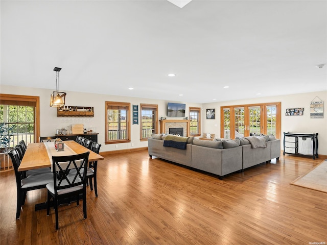 living room with baseboards, wood finished floors, a fireplace, and recessed lighting