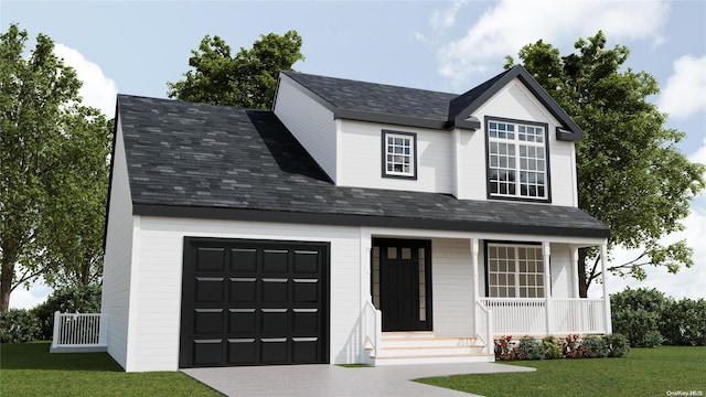 view of front of house with a garage, covered porch, and a front lawn