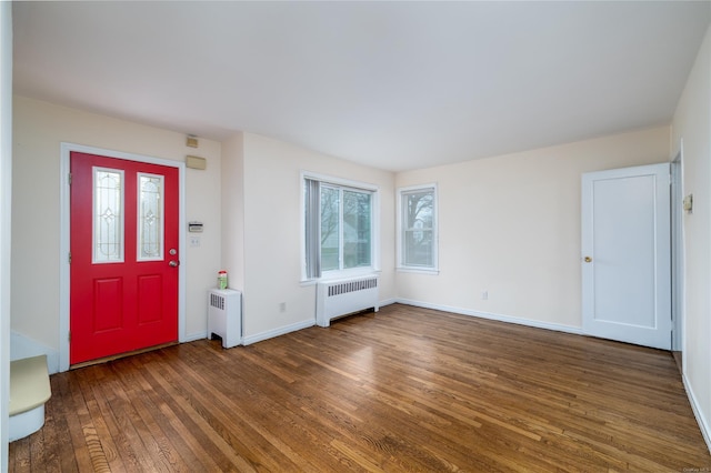 entryway with dark hardwood / wood-style floors, a healthy amount of sunlight, and radiator heating unit