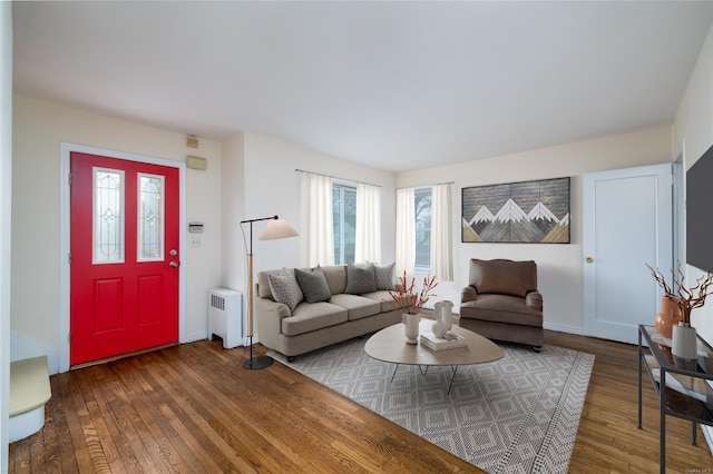 living room with radiator heating unit and wood-type flooring