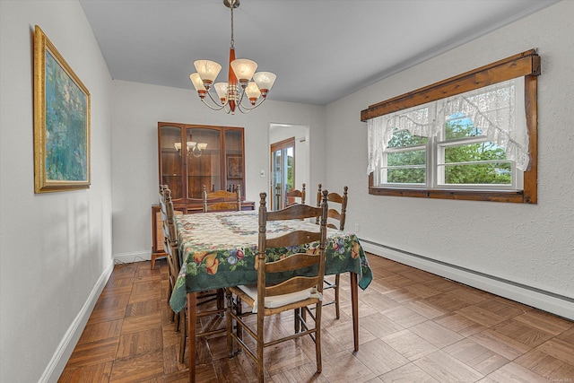 1519 Saint Louis Ave, Bay Shore, NY 11706 - dining area with a baseboard radiator, baseboards, and a chandelier