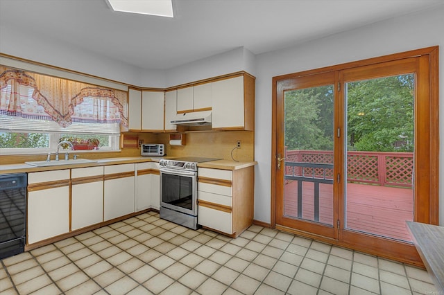 1519 Saint Louis Ave, Bay Shore, NY 11706 - kitchen with stainless steel electric range, under cabinet range hood, a sink, light countertops, and dishwasher