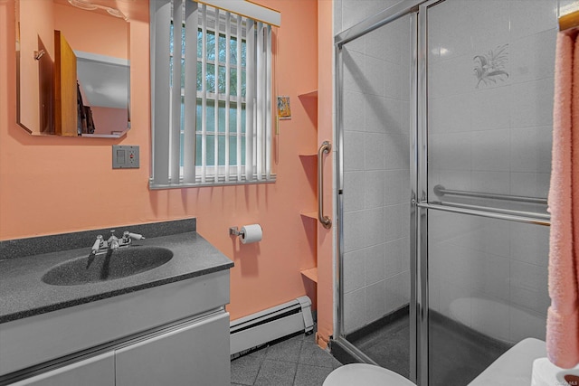 1519 Saint Louis Ave, Bay Shore, NY 11706 - bathroom featuring a baseboard radiator, toilet, vanity, and a shower stall