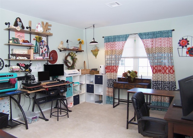 office with a baseboard radiator and light carpet