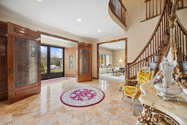 entryway featuring crown molding, french doors, marble finish floor, and stairway