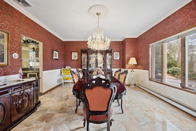 dining room featuring a notable chandelier, wallpapered walls, ornamental molding, visible vents, and a baseboard radiator