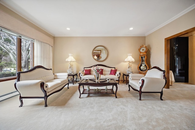 living room featuring crown molding, recessed lighting, and carpet flooring