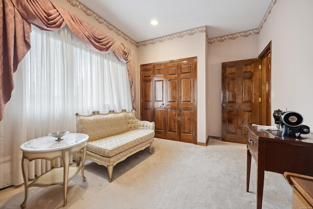 living area featuring baseboards and carpet floors